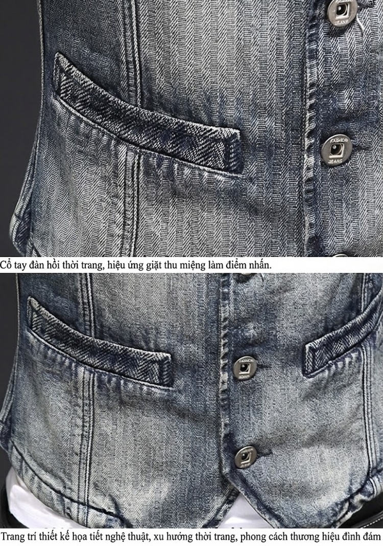 Áo Gile Jean Nam Bó Sát Phong Cách Retro Hàn Quốc Màu Xanh Jean chi tiết 9