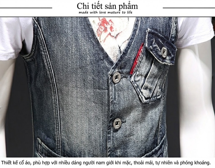 Áo Gile Jean Nam Bó Sát Phong Cách Retro Hàn Quốc Màu Xanh Jean chi tiết 7