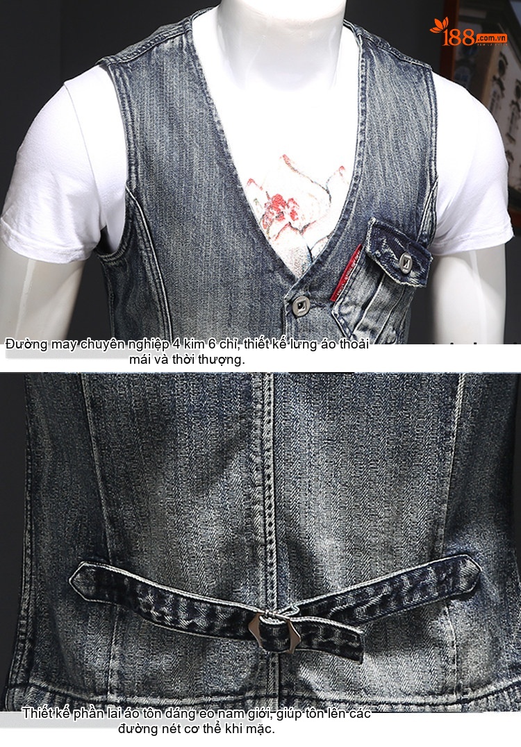 Áo Gile Jean Nam Bó Sát Phong Cách Retro Hàn Quốc Màu Xanh Jean chi tiết 8