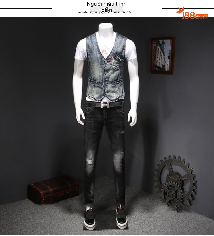 Áo Gile Jean Nam Bó Sát Phong Cách Retro Hàn Quốc Màu Xanh Jean chi tiết 1