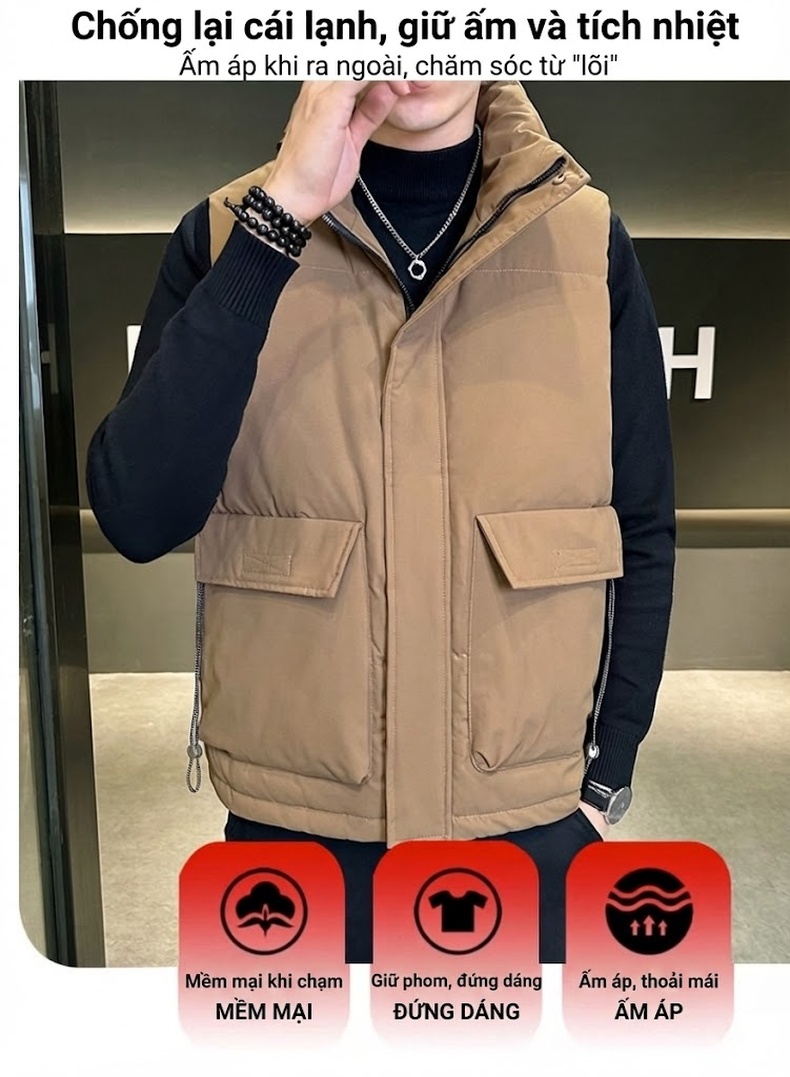 Áo Gile Lông Vũ Nam Áo Khoác Không Tay Lót Lông Vũ Trắng Dày Dặn Giữ Ấm Màu Trắng, Nâu, Xám, Đen chi tiết 2