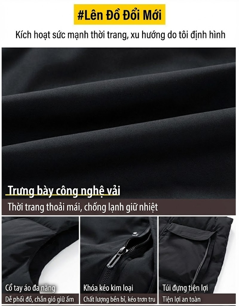 Áo Gile Lông Vũ Nam Áo Khoác Không Tay Lót Lông Vũ Trắng Dày Dặn Giữ Ấm Màu Trắng, Nâu, Xám, Đen chi tiết 4