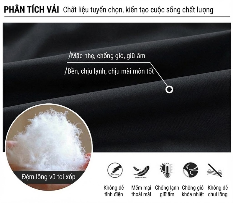 Áo Gile Lông Vũ Nam Áo Khoác Không Tay Lót Lông Vũ Trắng Dày Dặn Giữ Ấm Màu Trắng, Nâu, Xám, Đen chi tiết 9