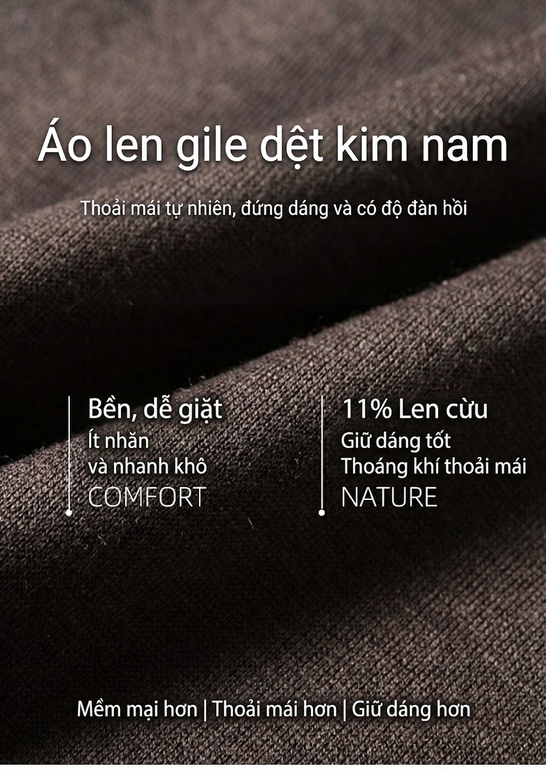 Áo Gile Nam Dệt Kim Lông Cừu Cao Cấp Khóa Kéo Cổ Đứng Màu Nâu, Đen chi tiết 1