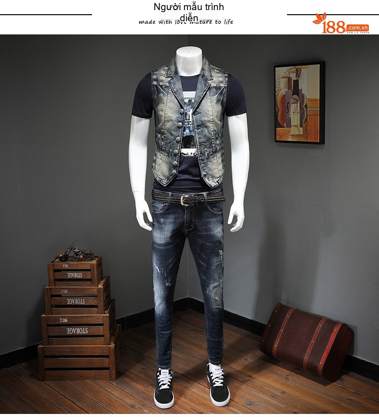 Áo Gile Nam Jeans Bắc Âu Thêu Hoa Phong Cách Vintage chi tiết 1