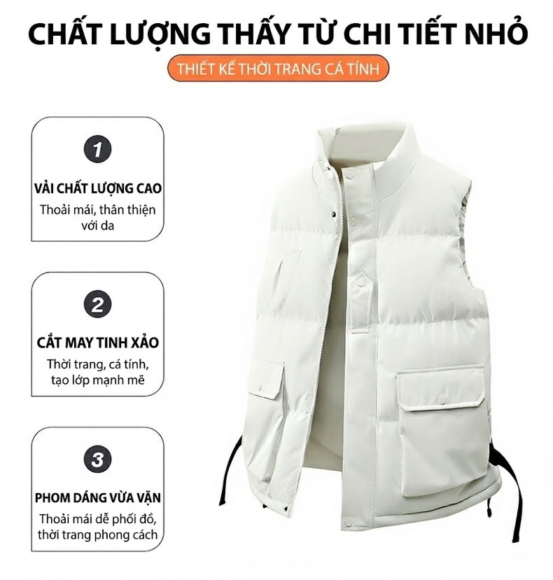 Áo Gile Nam Nữ Thu Đông Dáng Rộng Màu Trơn Cổ Đứng Túi Hộp Phong Cách Công Sở chi tiết 4