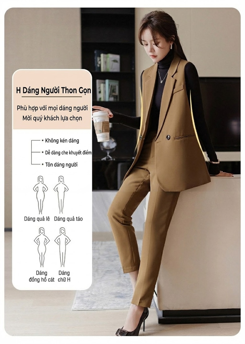 Áo Gile Nữ Công Sở Dáng Ngắn Màu Nâu, Đen, Kem chi tiết 6