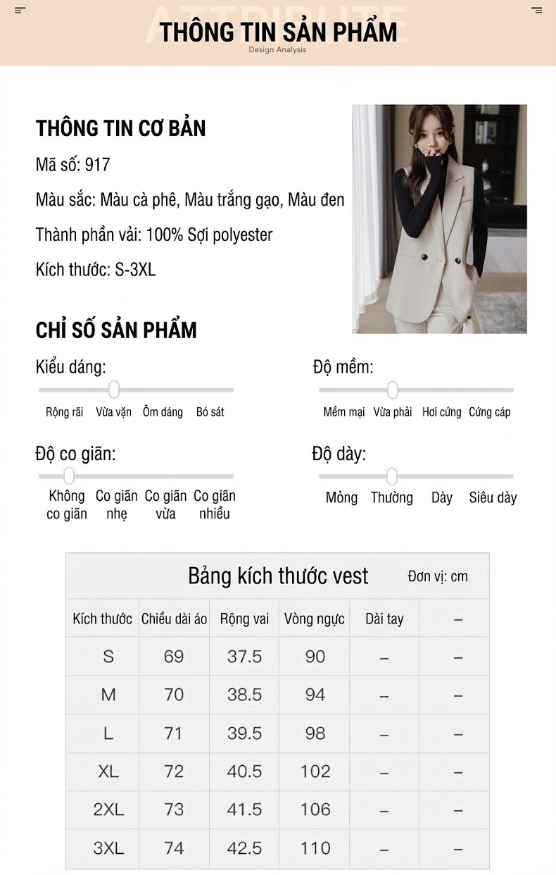 Áo Gile Nữ Công Sở Dáng Ngắn Màu Nâu, Đen, Kem chi tiết 8