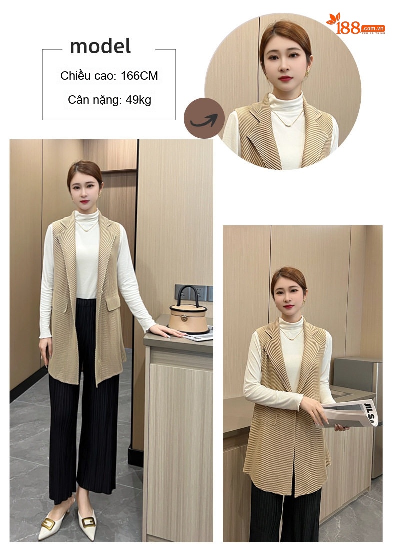 Áo Gile Nữ Dáng Dài Không Tay Cổ chữ Vest Phong Cách Tối Giản Màu Be, Đen, Xanh Lá chi tiết 8