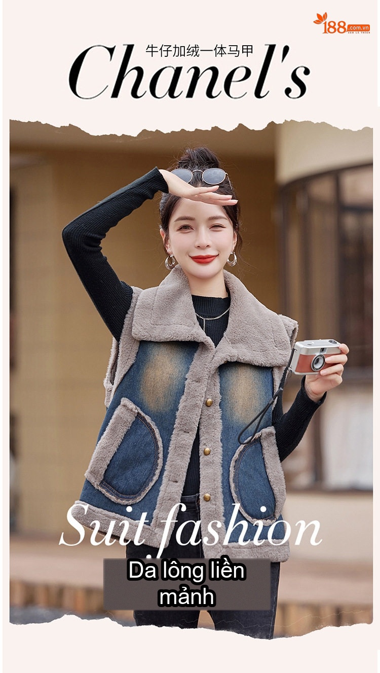 Áo Gile Nữ Denim Lót Lông Mao Dày Dặn Phong Cách Thu Đông Màu Xanh, Xám chi tiết 1