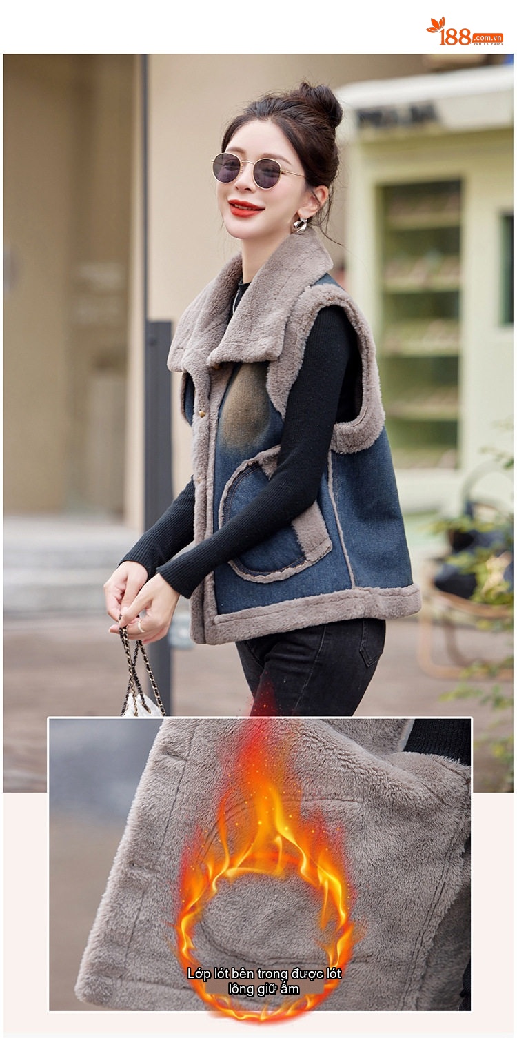 Áo Gile Nữ Denim Lót Lông Mao Dày Dặn Phong Cách Thu Đông Màu Xanh, Xám chi tiết 6