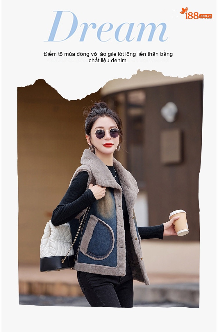 Áo Gile Nữ Denim Lót Lông Mao Dày Dặn Phong Cách Thu Đông Màu Xanh, Xám chi tiết 7
