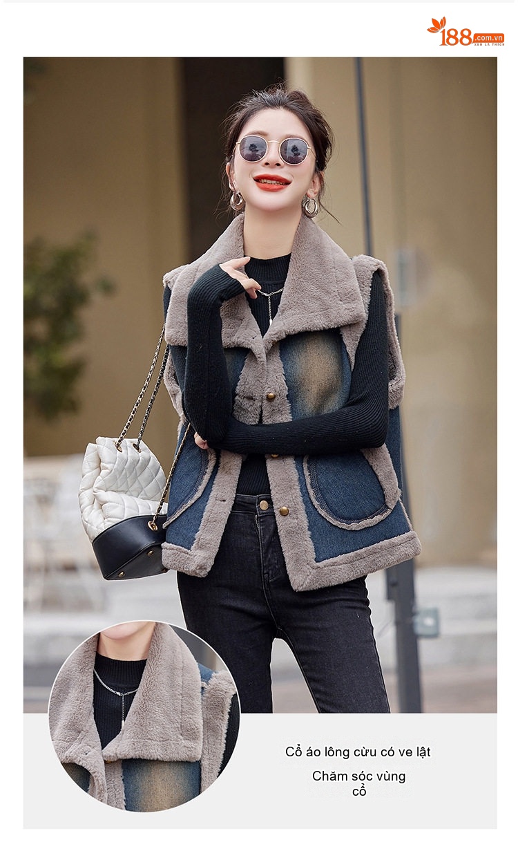 Áo Gile Nữ Denim Lót Lông Mao Dày Dặn Phong Cách Thu Đông Màu Xanh, Xám chi tiết 9