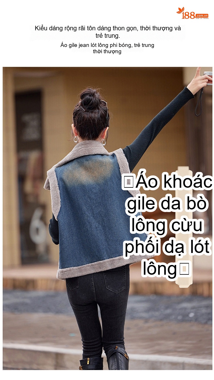 Áo Gile Nữ Denim Lót Lông Mao Dày Dặn Phong Cách Thu Đông Màu Xanh, Xám chi tiết 11