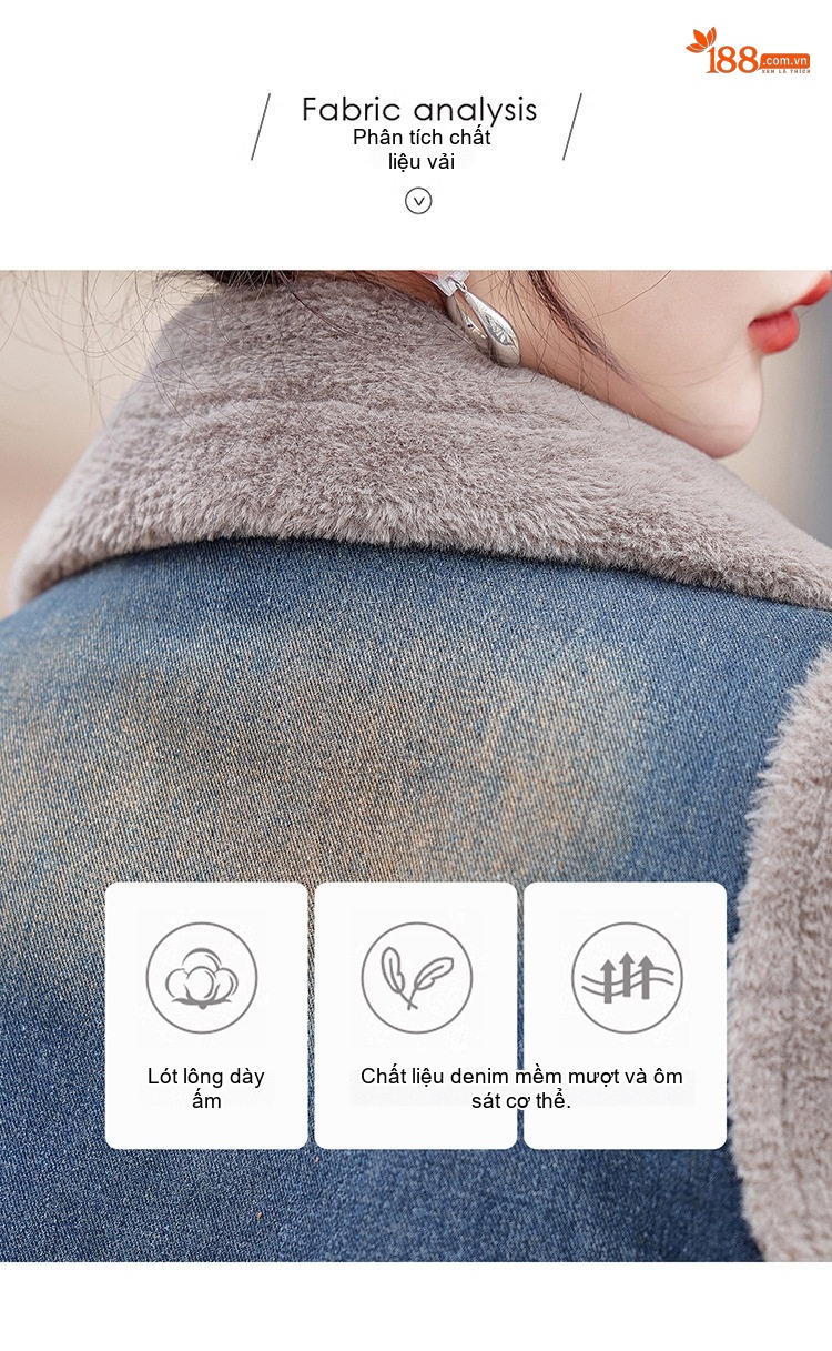 Áo Gile Nữ Denim Lót Lông Mao Dày Dặn Phong Cách Thu Đông Màu Xanh, Xám chi tiết 12