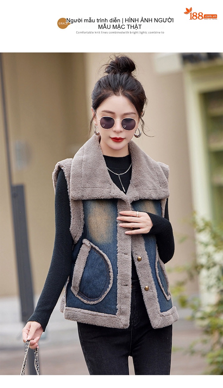 Áo Gile Nữ Denim Lót Lông Mao Dày Dặn Phong Cách Thu Đông Màu Xanh, Xám chi tiết 15