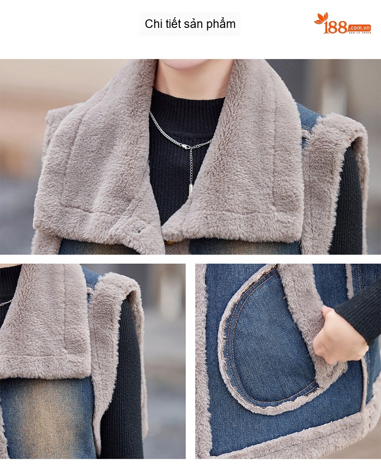 Áo Gile Nữ Denim Lót Lông Mao Dày Dặn Phong Cách Thu Đông Màu Xanh, Xám chi tiết 23