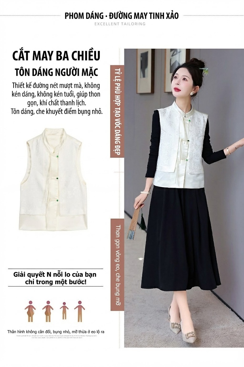 Áo Gile Nữ Trung Niên Thêu Hoa Cổ Điển Cúc Tàu Màu Trắng Kem chi tiết 3