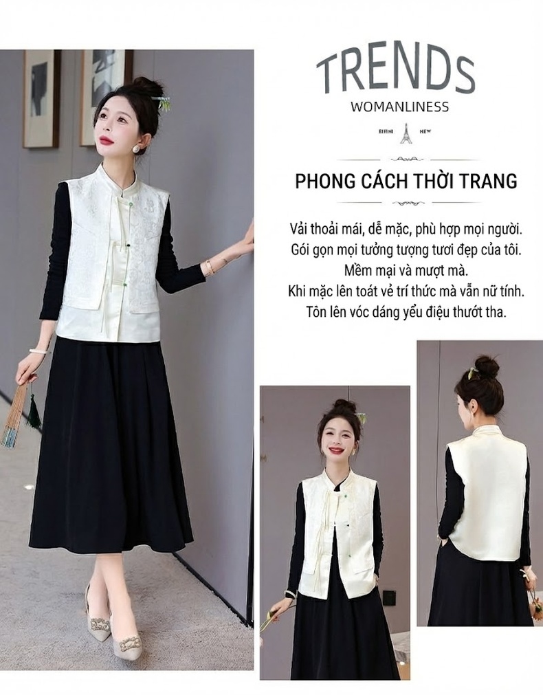 Áo Gile Nữ Trung Niên Thêu Hoa Cổ Điển Cúc Tàu Màu Trắng Kem chi tiết 2