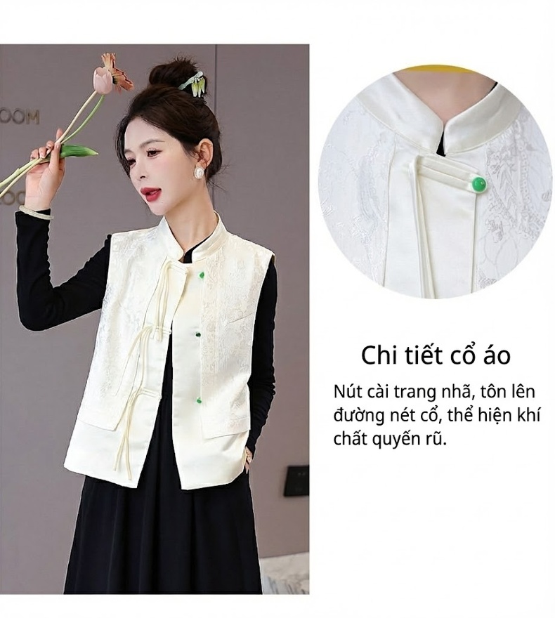 Áo Gile Nữ Trung Niên Thêu Hoa Cổ Điển Cúc Tàu Màu Trắng Kem chi tiết 4
