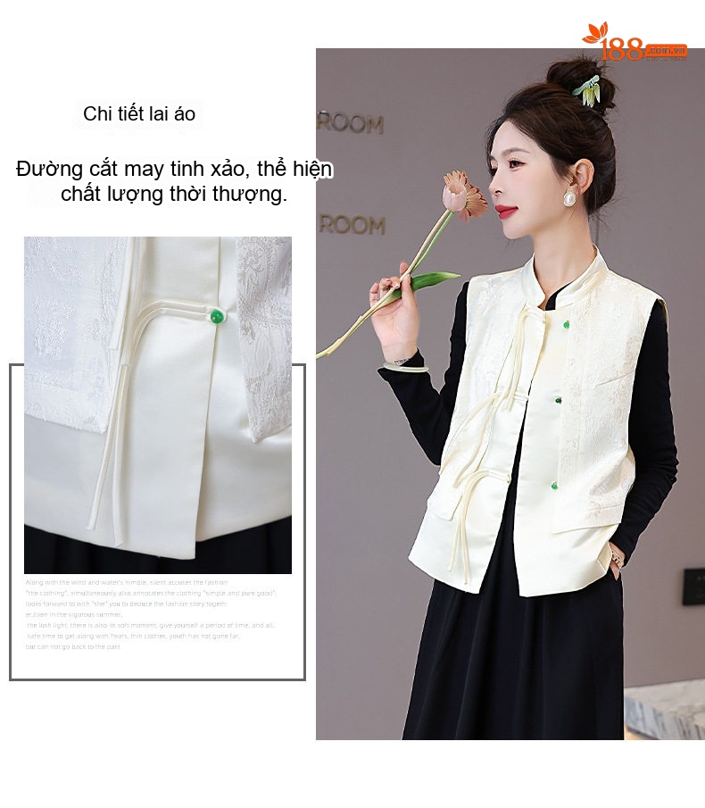 Áo Gile Nữ Trung Niên Thêu Hoa Cổ Điển Cúc Tàu Màu Trắng Kem chi tiết 5