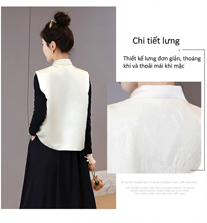 Áo Gile Nữ Trung Niên Thêu Hoa Cổ Điển Cúc Tàu Màu Trắng Kem chi tiết 6