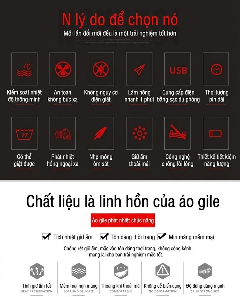 Áo Gile Phao Nam Chín Vùng Sưởi Ấm Thông Minh USB Có Mũ Trùm Đầu Màu Đen, Xám, Xanh Navy chi tiết 8