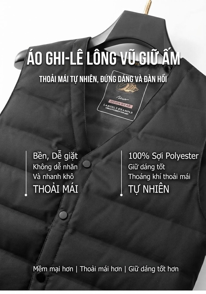 Áo Gile Phao Nam Lông Vũ Trắng Không Tay Giữ Ấm Cho Trung Niên Màu Đen, Be chi tiết 1