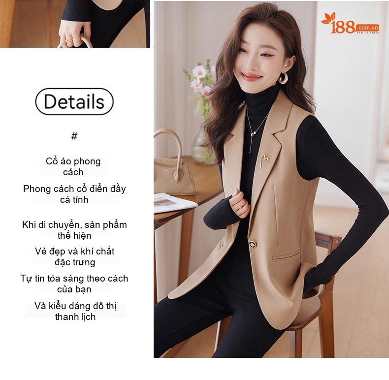 Áo Gile Vest Nữ Công Sở Không Tay Thời Trang Màu Kaki, Đen, Hồng chi tiết 7