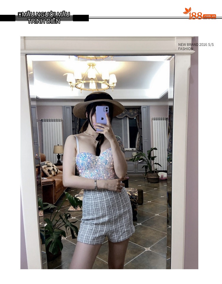 Áo Hai Dây Nữ Đính Kim Sa Lấp Lánh Hở Vai Dáng Ôm Màu Đen, Trắng chi tiết 5