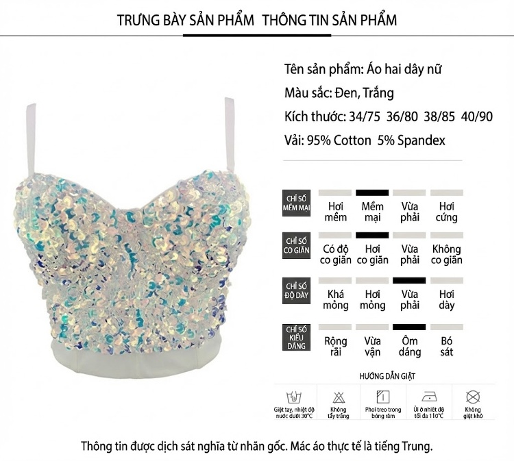 Áo Hai Dây Nữ Đính Kim Sa Lấp Lánh Hở Vai Dáng Ôm Màu Đen, Trắng chi tiết 2