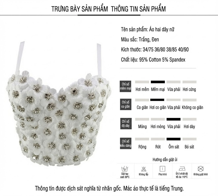 Áo Hai Dây Nữ Tiểu Thư Đính Hoa Thủ Công, Hạt Cườm, Kim Sa Sang Trọng Màu Trắng, Đen chi tiết 1