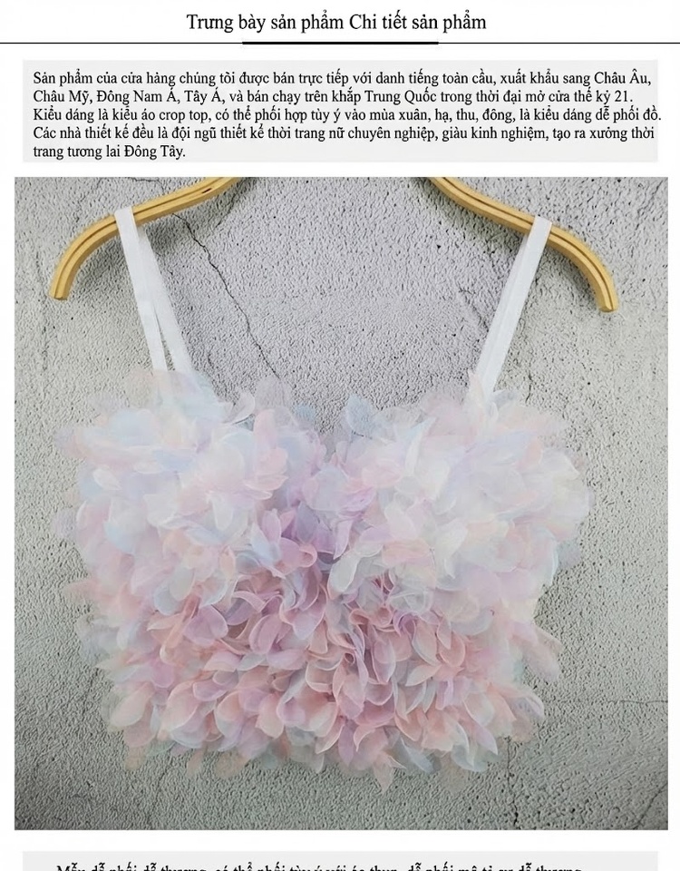 Áo Hai Dây Nữ Vải Voan Hoa 3D Ngắn Dáng Croptop Màu Trắng, Đen, Hồng, Xanh... chi tiết 4