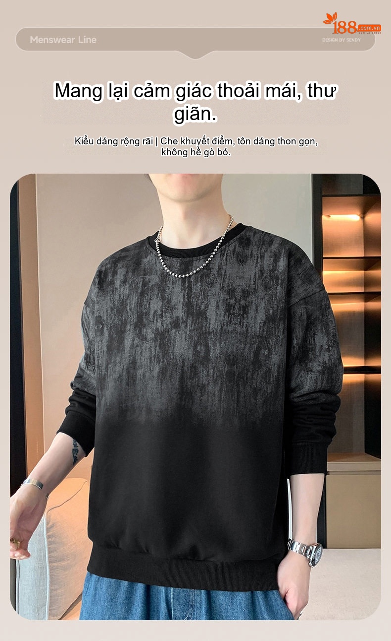 Áo Hoodie Nam Dài Tay Cổ Tròn In Họa Tiết Ombre Phong Cách Casual Màu Trắng, Đen, Xanh... chi tiết 1