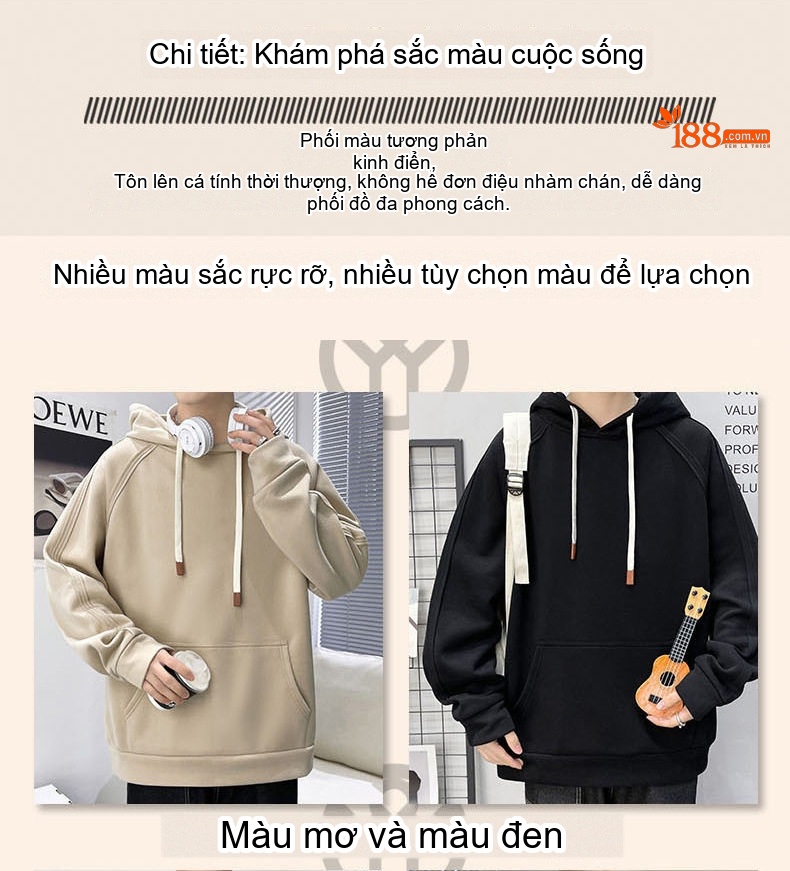 Áo Hoodie Nam Tay Dài Form Rộng Màu Be, Đen, Nâu, Xám chi tiết 8