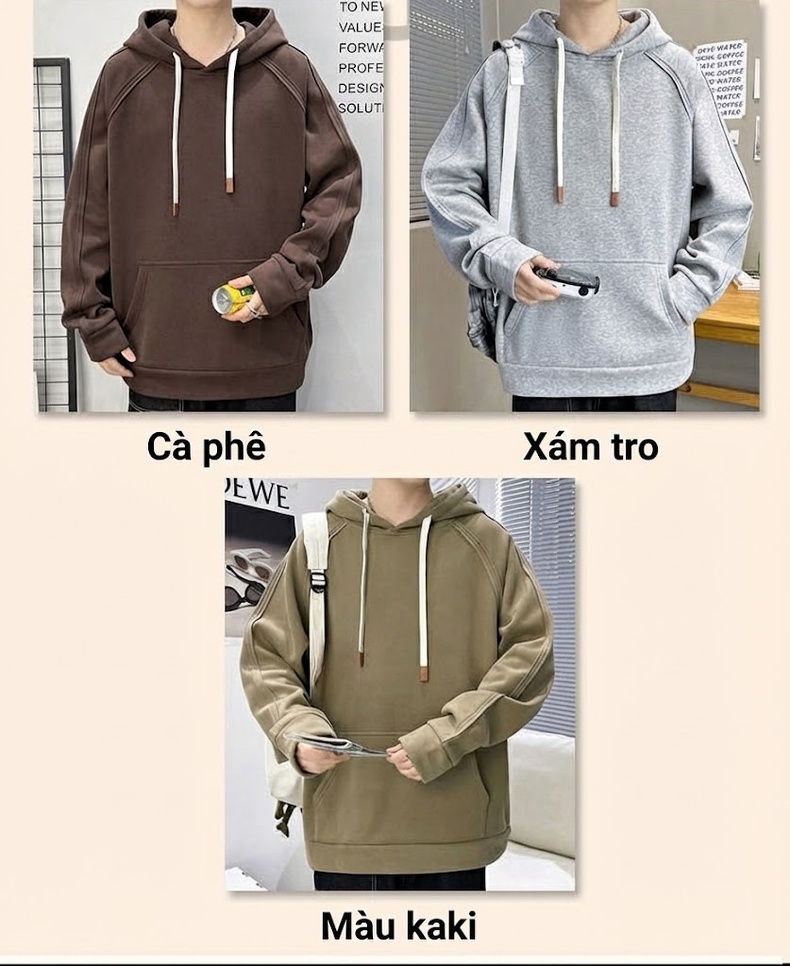 Áo Hoodie Nam Tay Dài Form Rộng Màu Be, Đen, Nâu, Xám chi tiết 9