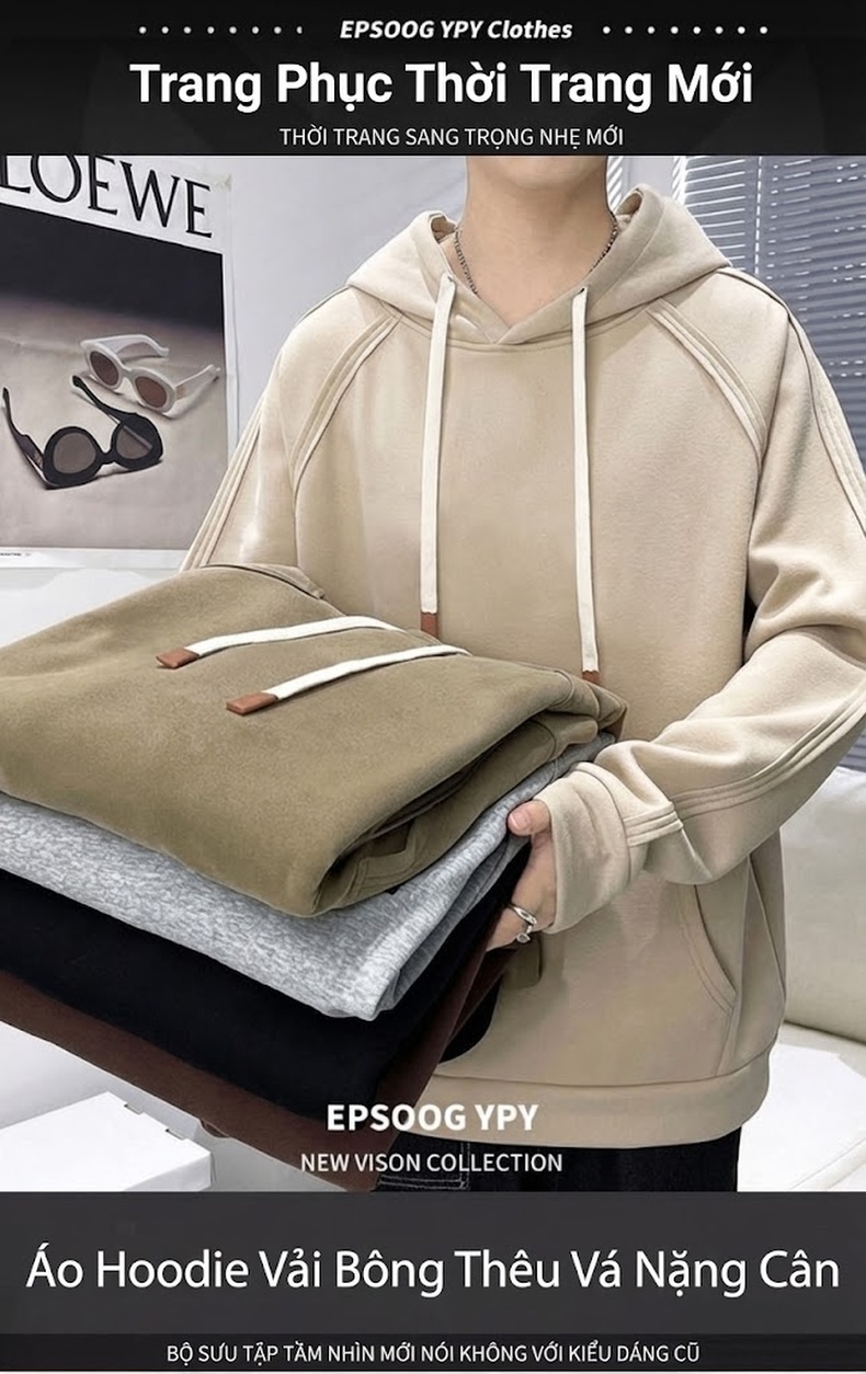 Áo Hoodie Nam Tay Dài Form Rộng Màu Be, Đen, Nâu, Xám chi tiết 1