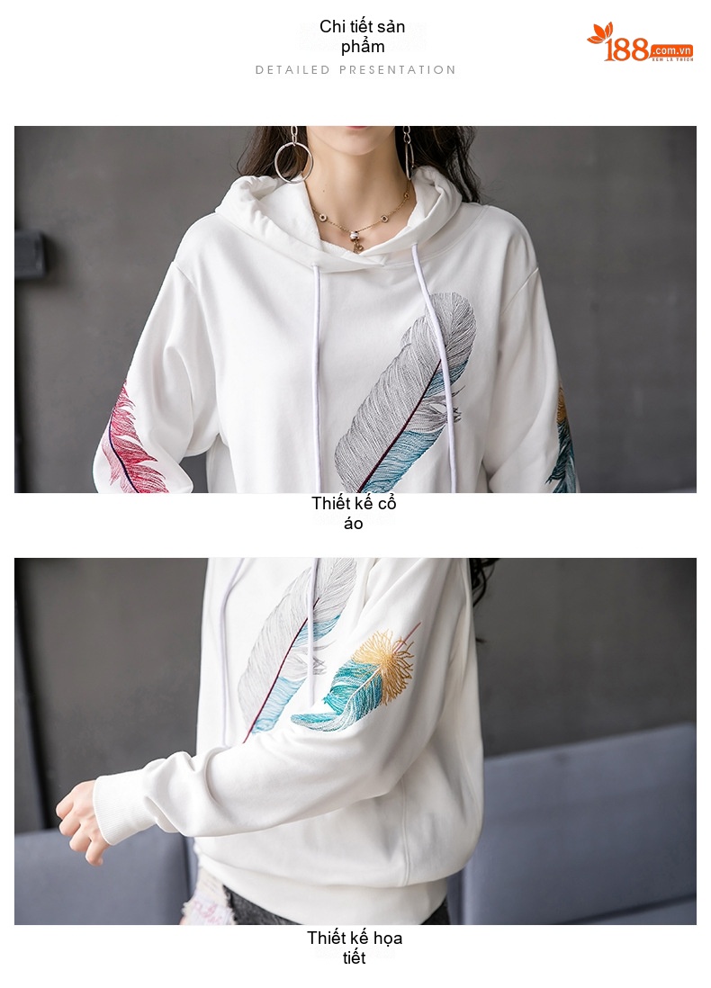 Áo Hoodie Nữ Tay Dài Thêu Hình Lông Vũ Phong Cách Hàn Quốc Màu Trắng, Hồng chi tiết 29