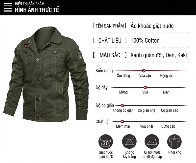 Áo Khoác Biker Nam Cotton Kiểu Âu Mỹ Quân Đội Size Lớn Màu Đen, Xanh Olive, Nâu chi tiết 4