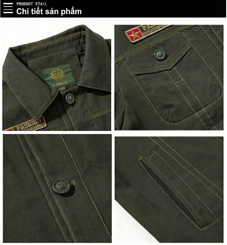Áo Khoác Biker Nam Cotton Kiểu Âu Mỹ Quân Đội Size Lớn Màu Đen, Xanh Olive, Nâu chi tiết 9