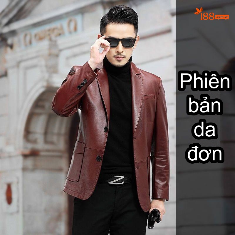 Áo Khoác Blazer Da Bò Nam Dáng Ôm Phong Cách Doanh Nhân Màu Đỏ Rượu Vang, Đen