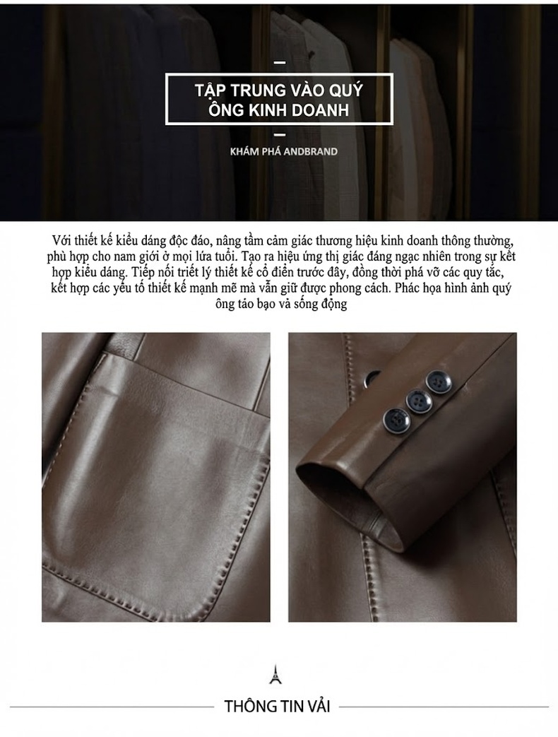 Áo Khoác Blazer Nam Da Cừu Dáng Ôm Vừa Vặn Phong Cách Doanh Nhân Màu Đen, Nâu chi tiết 2