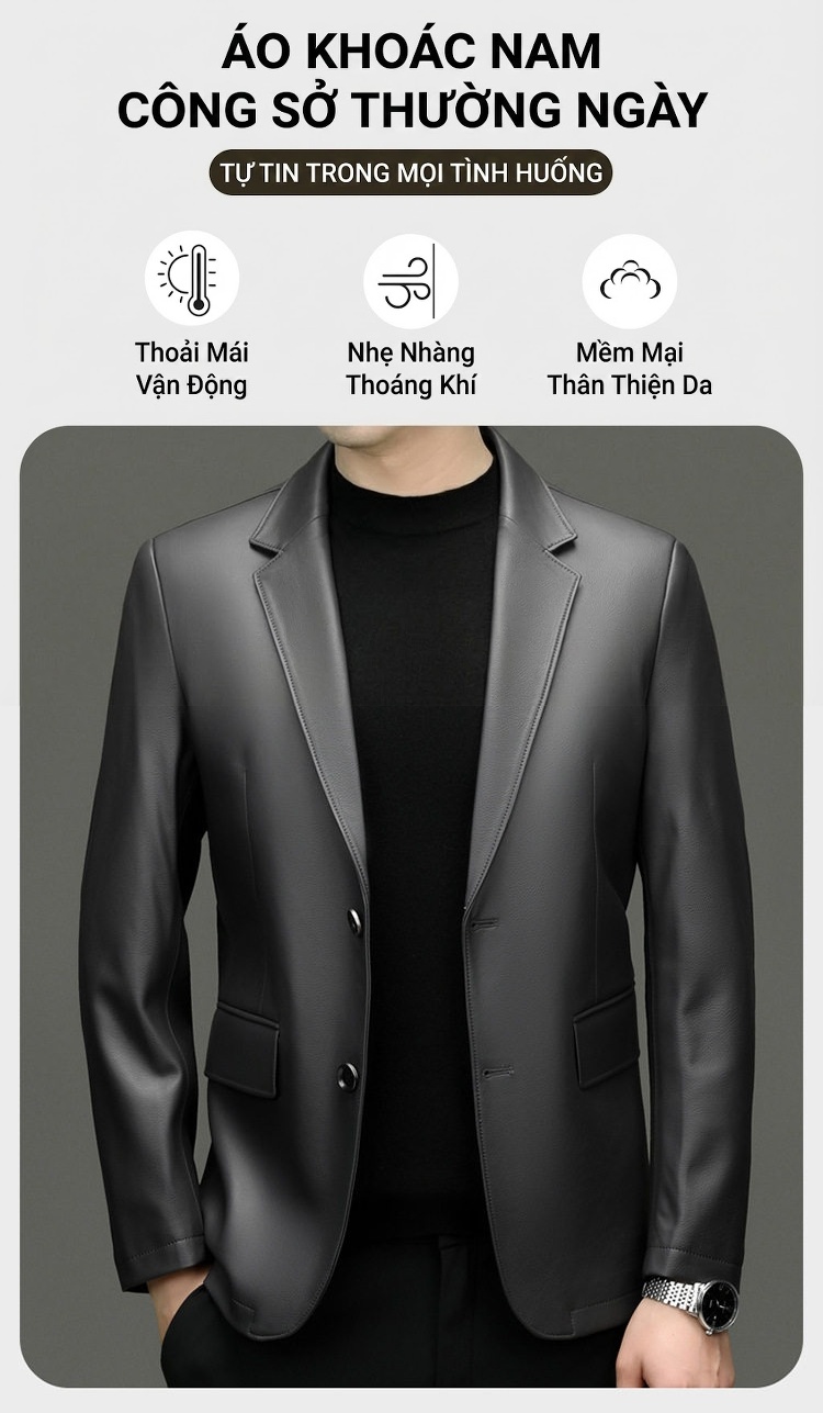 Áo Khoác Blazer Nam Da PU Giả Da Phong Cách Thanh Lịch Màu Đen, Be chi tiết 1