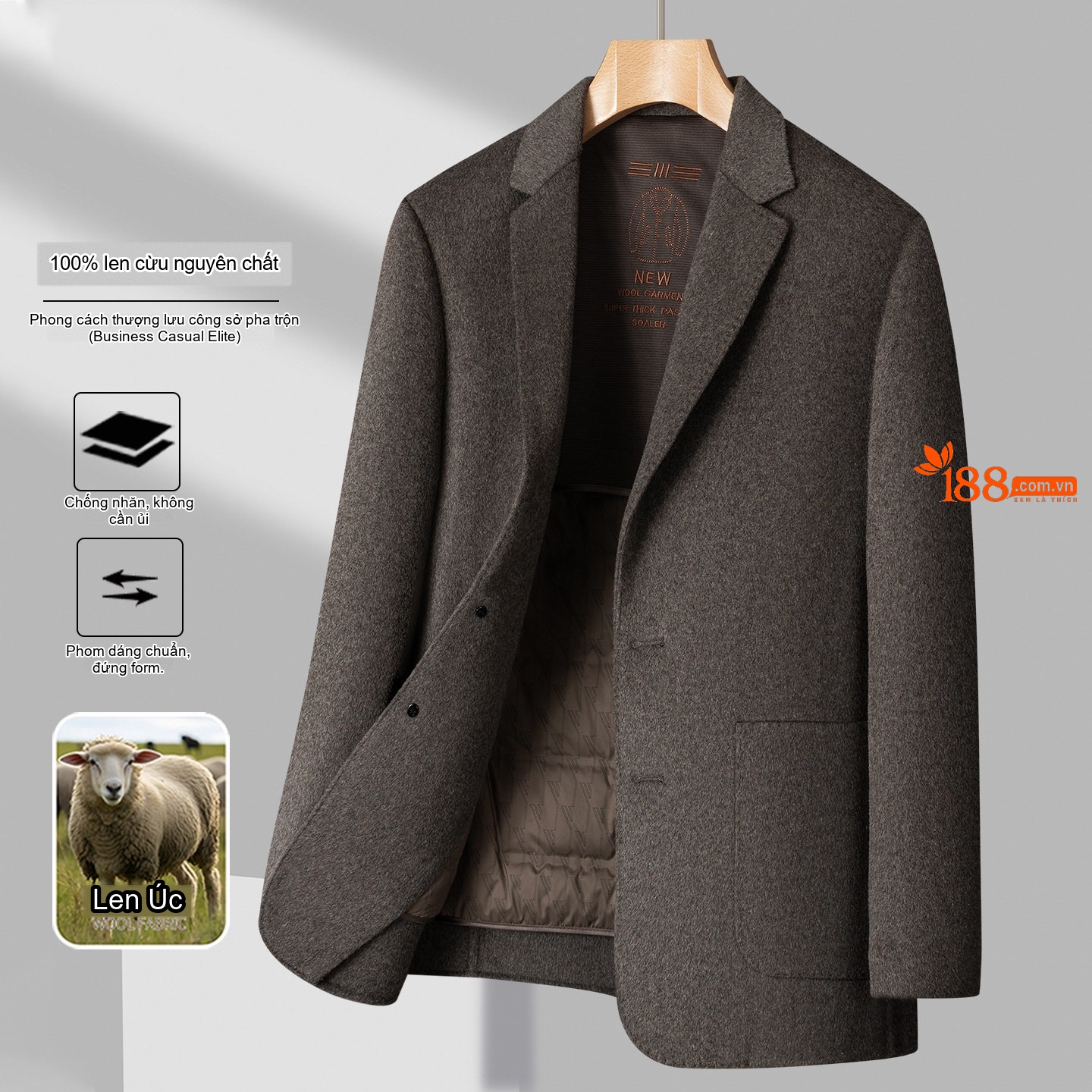 Áo Khoác Blazer Nam Hai Mặt 100% Lông Cừu Ngắn Tay Dáng Ôm Màu Xám