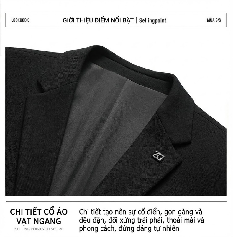 Áo Khoác Blazer Nam Len Lông Cừu Mỏng Chống Nhăn Phong Cách Business Casual Màu Đen chi tiết 3