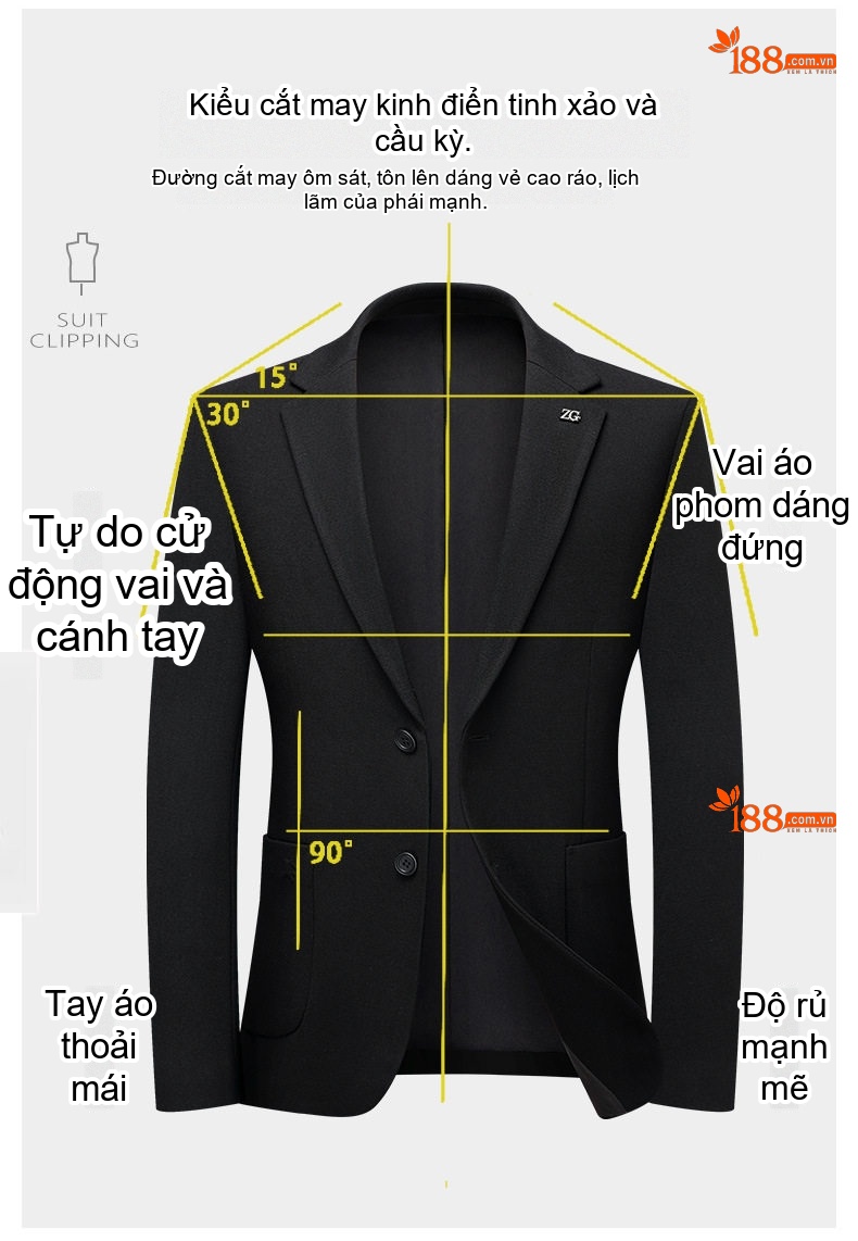 Áo Khoác Blazer Nam Len Lông Cừu Mỏng Chống Nhăn Phong Cách Business Casual Màu Đen chi tiết 6