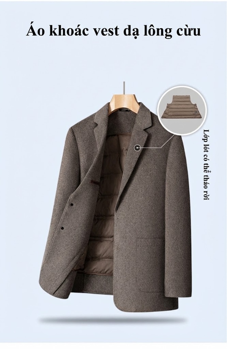 Áo Khoác Blazer Nam Lông Vũ Lót Lông Cừu Dày Dặn Phong Cách Doanh Nhân Màu Xám chi tiết 8