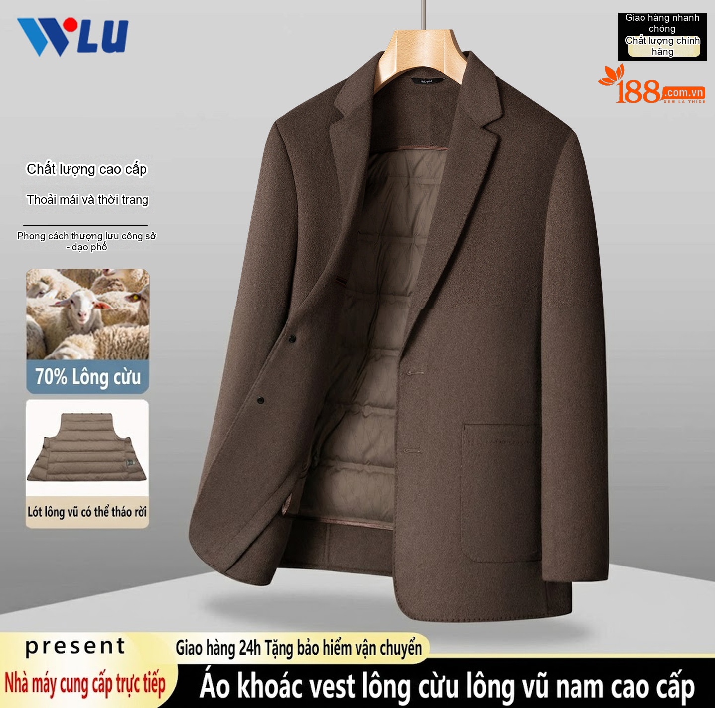 Áo Khoác Blazer Nam Lông Vũ Lót Lông Cừu Dày Dặn Phong Cách Doanh Nhân Màu Xám