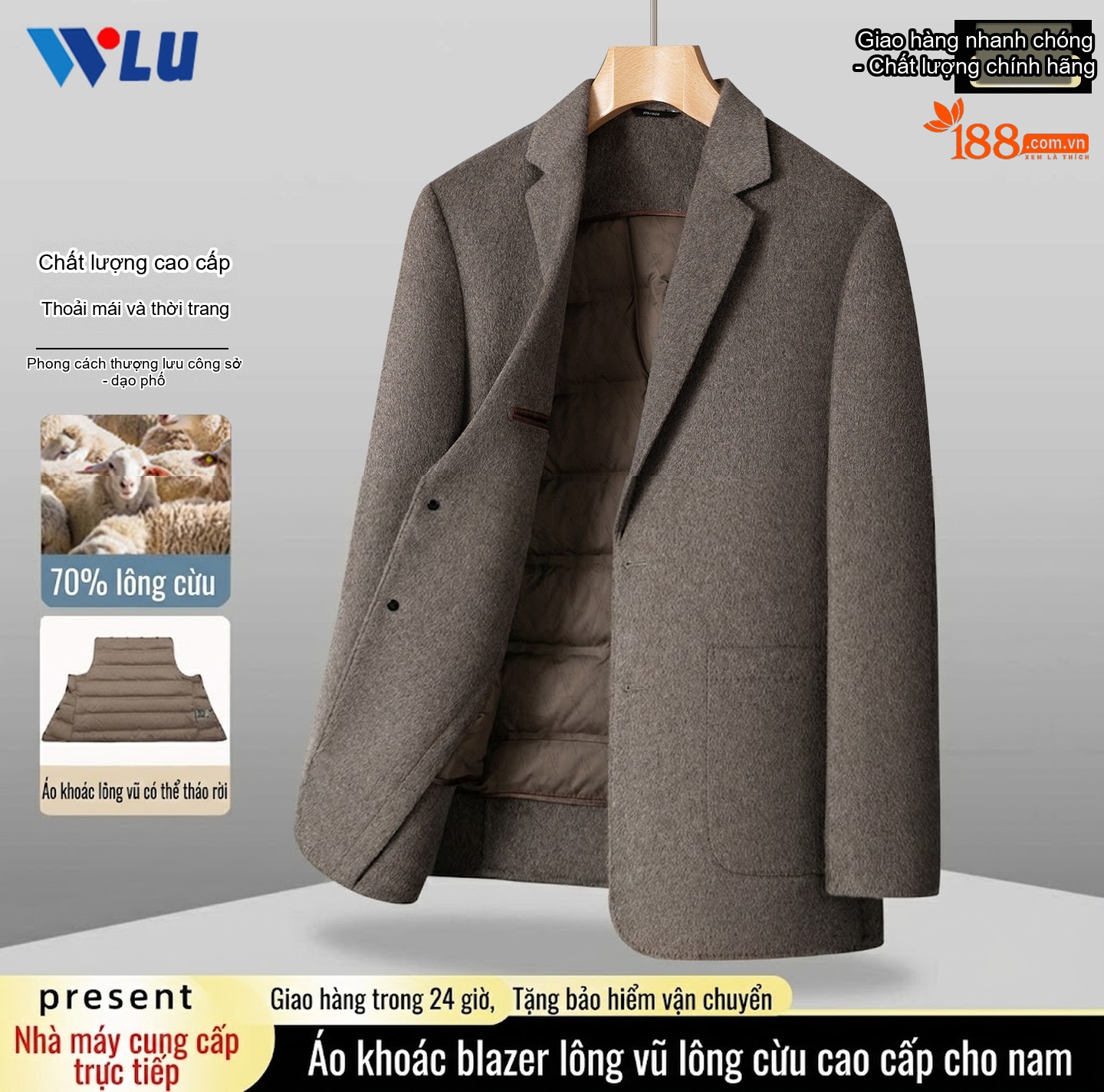 Áo Khoác Blazer Nam Lông Vũ Lót Lông Cừu Dày Dặn Phong Cách Doanh Nhân Màu Xám