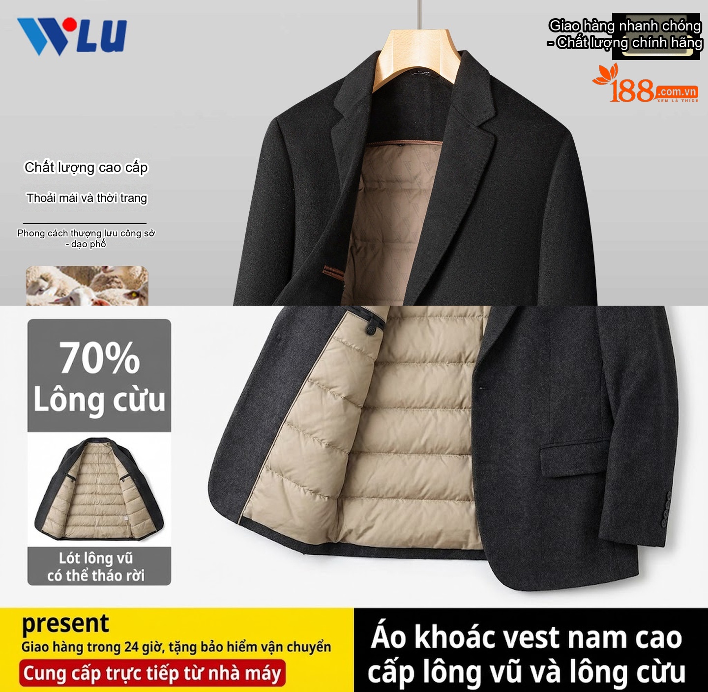 Áo Khoác Blazer Nam Lông Vũ Lót Lông Cừu Dày Dặn Phong Cách Doanh Nhân Màu Xám